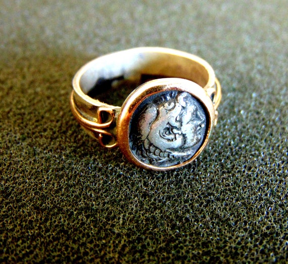 Mens Signet Coin Ring 925 Sterling Silver 24K Gold Vermeil Alexander the Great Coin Handcrafted Hammered Two Tone Hand Forged Ancient Roman Greek Art Ring 