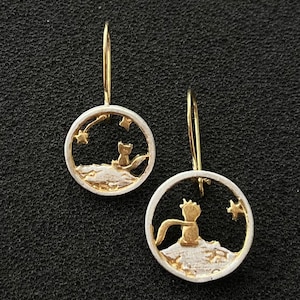 Funky Little Prince Earrings, Cute Le Petitte Prince Earrings,A Boy And A Fox Looking At The Stars Mismatched Earrings, Minimal Drop Themed