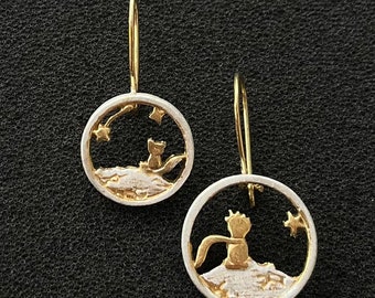 Funky Little Prince Earrings, Cute Le Petitte Prince Earrings,A Boy And A Fox Looking At The Stars Mismatched Earrings, Minimal Drop Themed