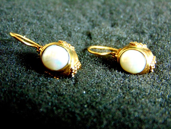 18k Gold Drop Earrings,Solid Gold 750 and Pearl E… - image 2