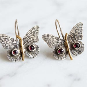 Vintage Garnet Dangle Earrings, Bohemian Artistic Butterfly Earrings, Funny Quirky Bug Insect Earrings