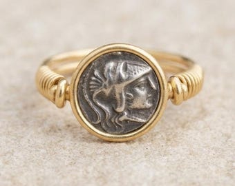 14k Gold Athena Ring: Ancient Greek Coin Signet Ring