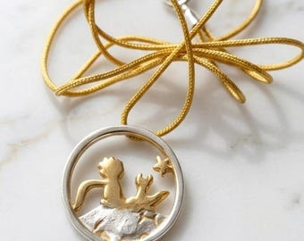 Sterling zilveren ketting met vos en kleine prins, speelse hanger, sprookjesachtig literair sieraad