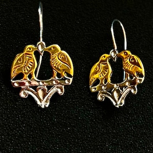 Dainty Drop Bird Earrings, 925 Silver Byzantine Style Bird Earrings, Cute Dangle Gold Plated Bird Earrings, Unusual Love Birds Drop Earrings