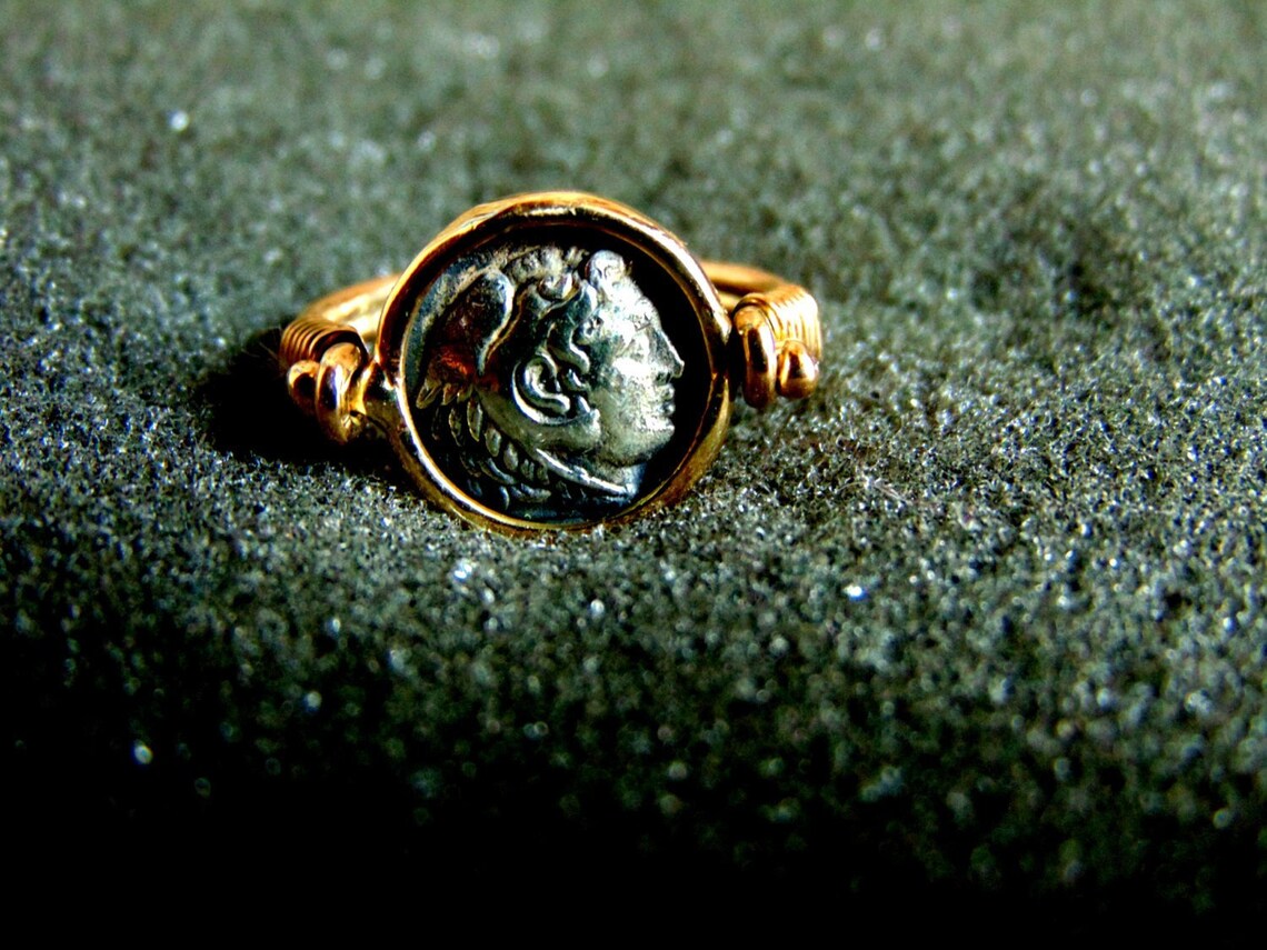 Solid Gold Men Pinky Ring Mens Coin Ring Greek Coin Ring Etsy