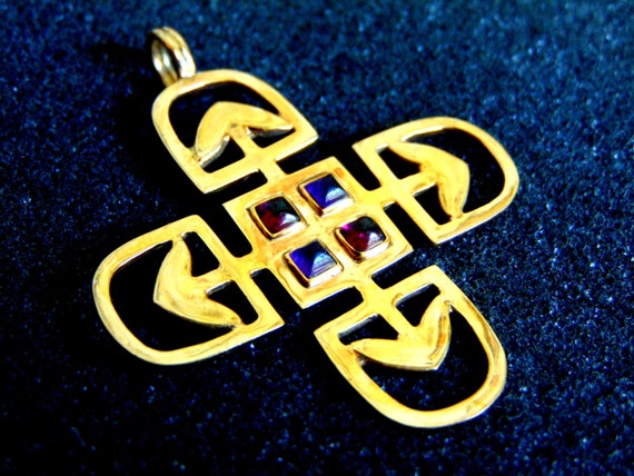 Croix En Or 18K Avec Grenats - Pendentif Vintage Bordeaux, Occasion En Excellent état