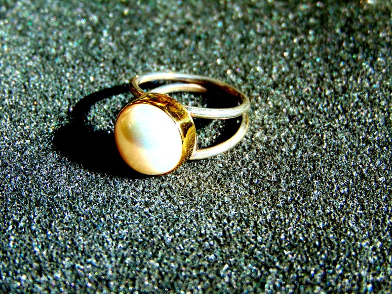 Beautiful silver gold and white pearl ring-925 silver and 18k image 0
