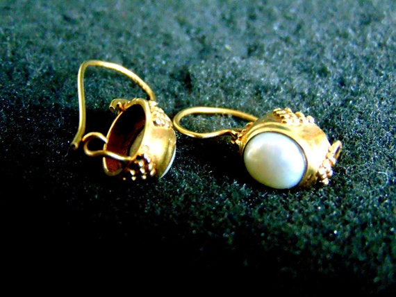 18k Gold Drop Earrings,Solid Gold 750 and Pearl E… - image 3