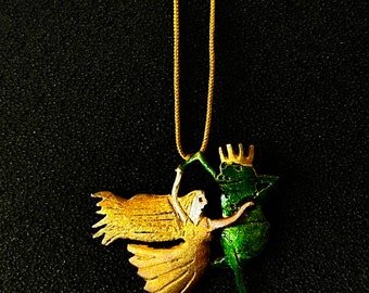 Enamel Princess and Frog Pendant: Gold Plated Sterling Silver Fairytale Necklace
