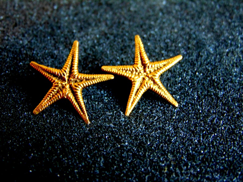 May include: Two gold-colored starfish earrings on a dark gray background.