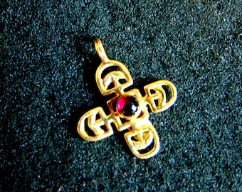 14k Gold Byzantine Cross Necklace: Garnet Gemstone Pendant