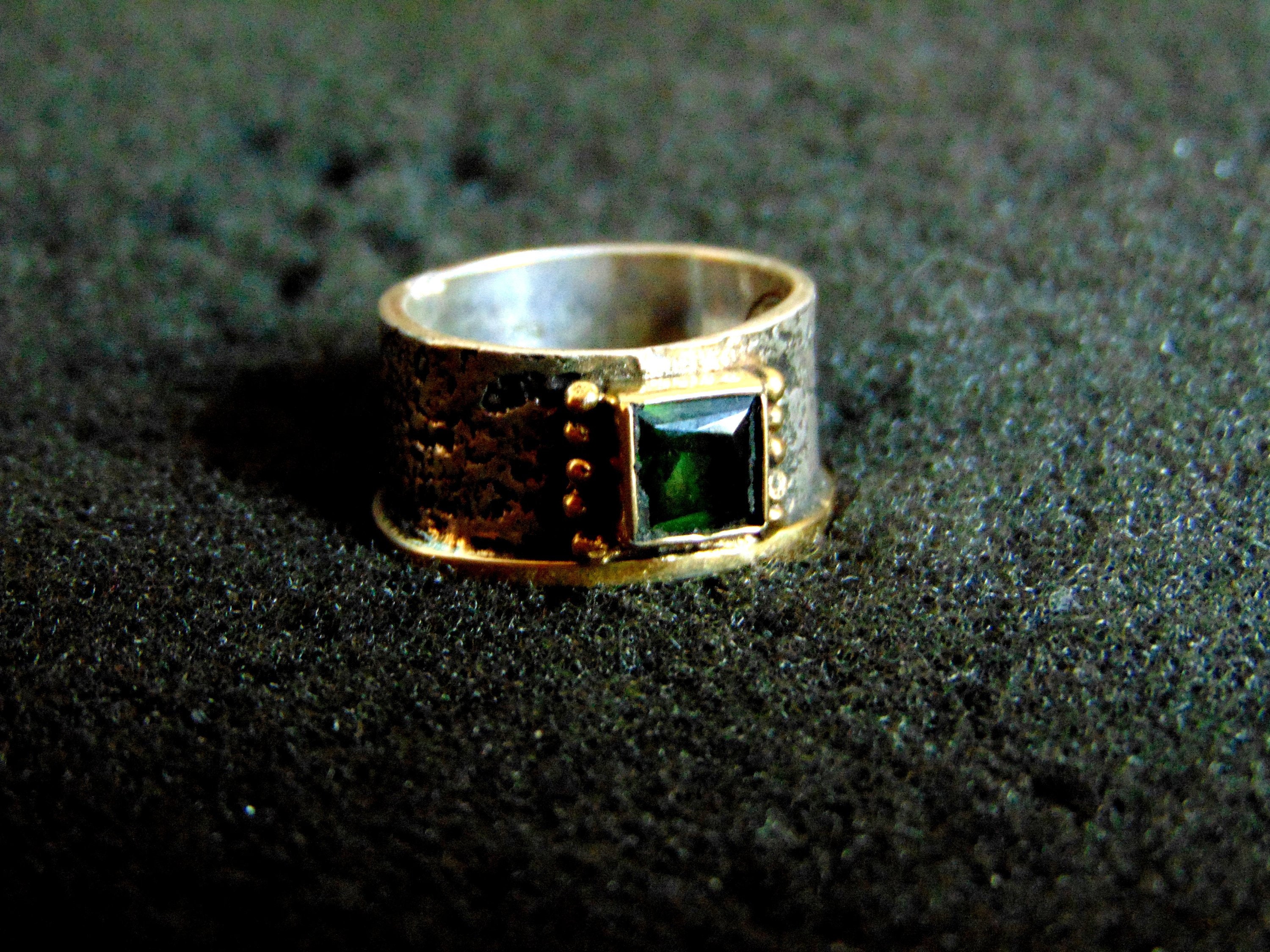 Green Tourmaline Ring, Wide Band Mens Ring, Two Tone Ring, Mens Hammered Silver Ring, Sterling Silver and 18k Gold Ring, Gents Ring