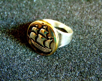 Stunning silver and bronze men's signet ring-Men sailing ship statement ring-925 silver signet ring-Artisan jewelry-Men vintage ring