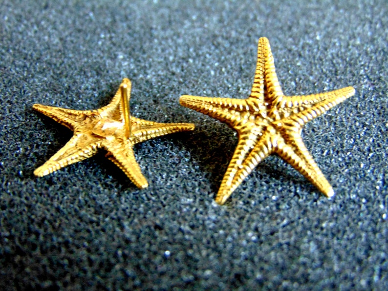 May include: A pair of gold-tone starfish earrings. The earrings are made of metal and have a simple, elegant design.