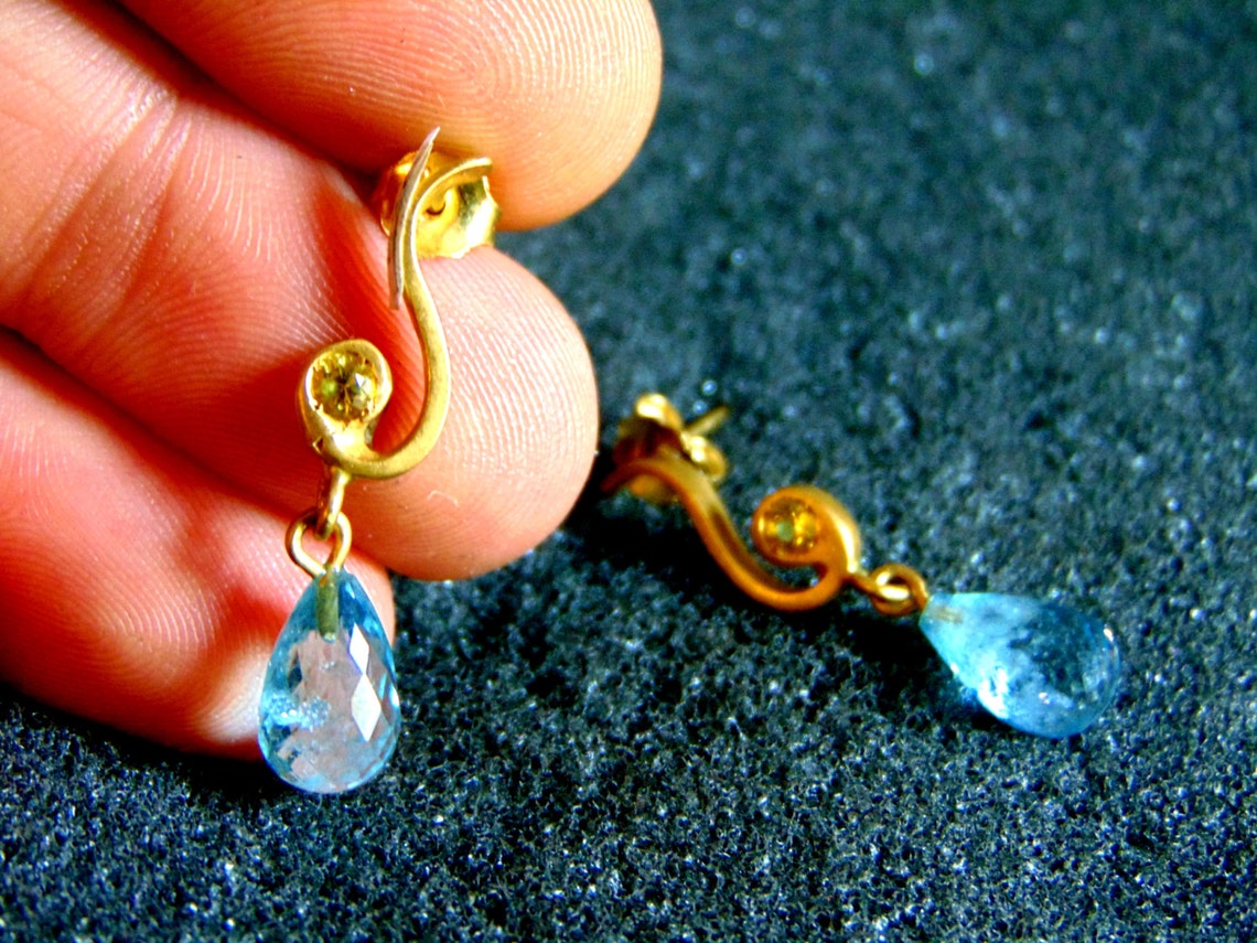 Long Aquamarine Stud Earrings Citrine Earrings Gold 18k Etsy