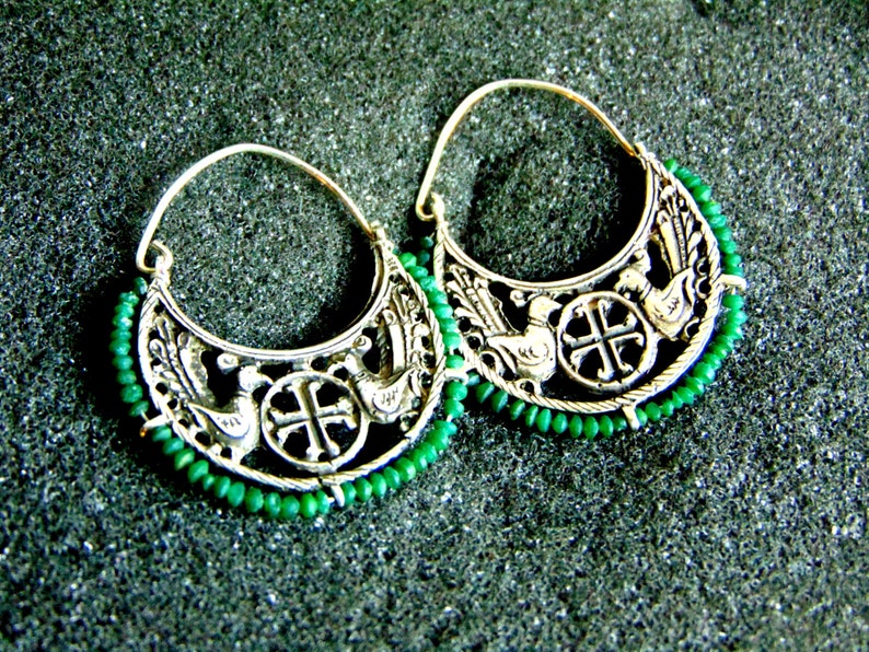 Sterling Silver Earrings,Silver and Green Agate Bird Earrings-Byzantine Dangle Earrings-Ancient Greek Bird Earrings-Artisan Jewelry image 4