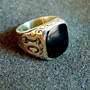 Stunning sterling silver and onyx men's ring- Silver and onyx men's signet ring-Engraved mens's signet ring- Orthodox Christian symbols ring