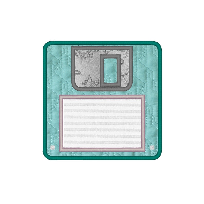 K&ouml;nnte beinhalten: Eine t&uuml;rkisfarbene Diskette mit einem grauen Rand und einem grauen Einsatz. Der Einsatz hat ein Blumenmuster und eine rechteckige &Ouml;ffnung.