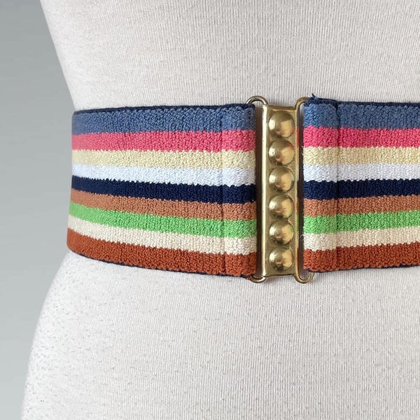 Vintage 70s 80s Multicolor Stripe Wide Stretch Belt w Brass Buckle / Small to Medium