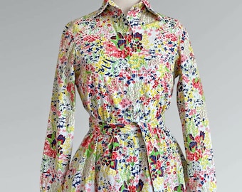 Vintage 60s 70s 'Thai Lines Bangkok' Floral Print Cotton Flared Shirtdress / X-Small - Small