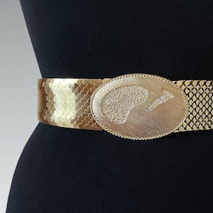 Vintage 70s 80s Gold Tone Metallic Scales Rhinestone Buckle Wide Stretch Belt / XS - S