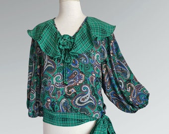 Vintage 80s Diane Freis Green Paisley Print Flutter Collar Blouse / Medium - Large