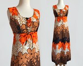 Vintage 60 39 s Hawaiian Floral Pineapple Print Cotton Barkcloth Empire Waist Maxi Sleeveless Dress X-Small