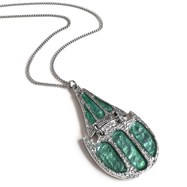 Vintage 60s 70s Robert Larin Brutalist Silver Pewter & Green Enamel Drop Pendant Necklace