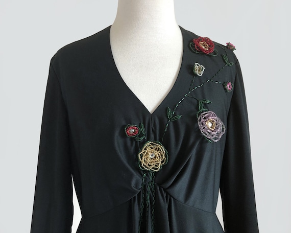 Vintage 70s Floral Beaded Black Jersey Polyester … - image 2