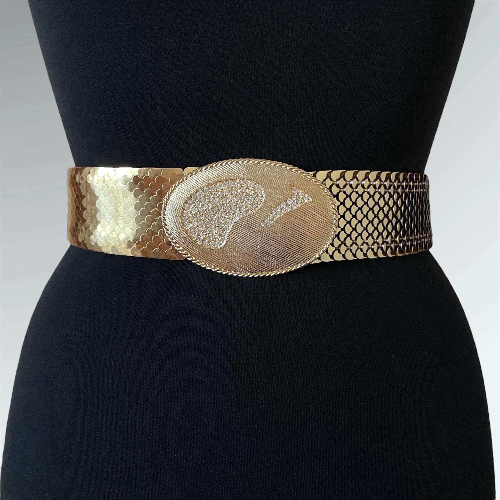 Vintage 70s 80s Gold Tone Metallic Scales Rhinestone Buckle 