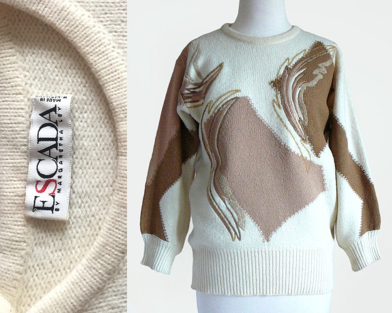 Vintage 80/'s ESCADA Documented Wool Knit Cream /& Brown Embroidered Pullover Sweater Top Small-Medium