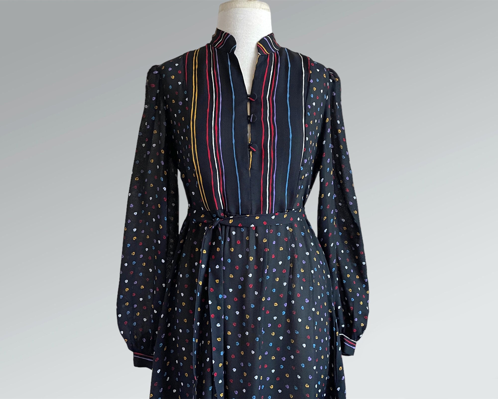 Vintage 70s Black Floral & Stripes Print Semi-Sheer Midi Belted Dress by Robbie Bee / Small