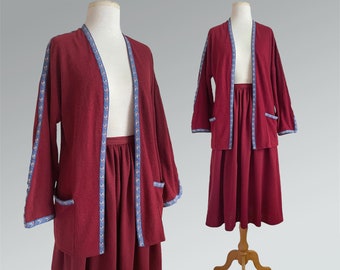 Vintage 80s Geoffrey Beene Beenebag Cardigan & Skirt Two-Piece Wool Knit Set / Small