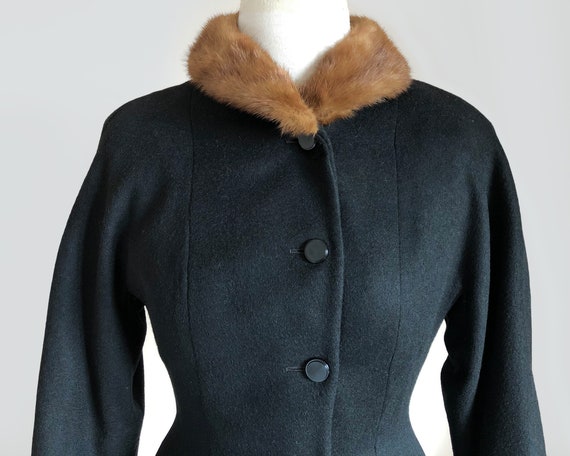 Vintage 1950s Black Wool & Brown Fur Cropped Jacke