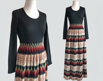 Vintage 70s Black & Woven Bohemian Maxi Dress / X-Small - Small