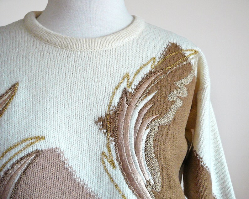 Vintage 80/'s ESCADA Documented Wool Knit Cream /& Brown Embroidered Pullover Sweater Top Small-Medium