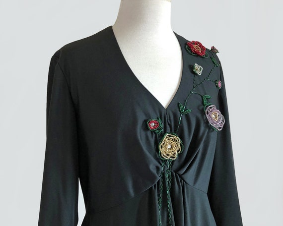 Vintage 70s Floral Beaded Black Jersey Polyester … - image 5