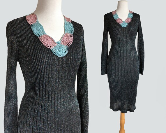 Vintage 70s Black Metallic Lurex Crochet Knit Swea