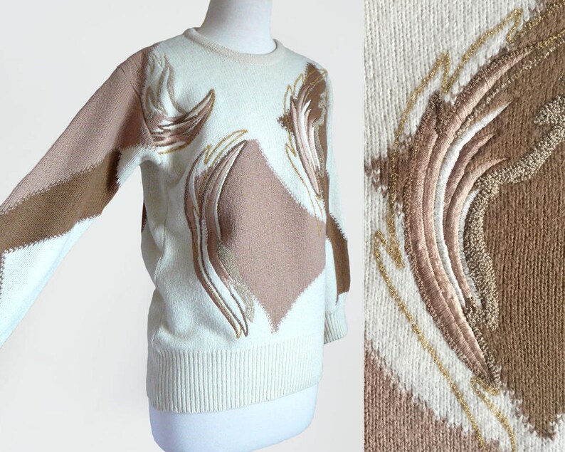 Vintage 80/'s ESCADA Documented Wool Knit Cream /& Brown Embroidered Pullover Sweater Top Small-Medium