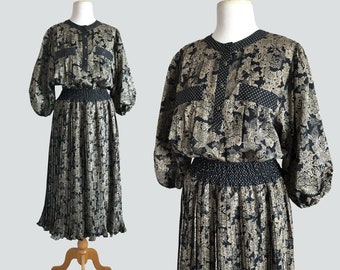 Vintage 80s Diane Freis Black & Beige Paisley Floral Print Midi Georgette Dress / Medium-Large