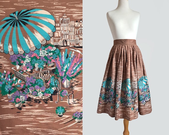 Vintage 1950s Novelty Scenic Print High Waisted Fl