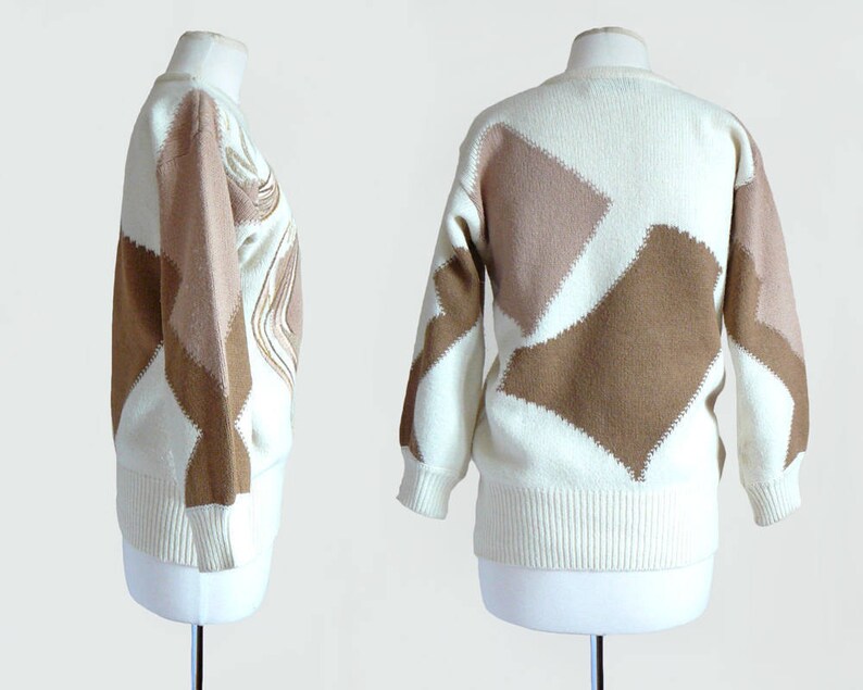Vintage 80/'s ESCADA Documented Wool Knit Cream /& Brown Embroidered Pullover Sweater Top Small-Medium