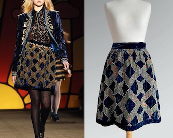 Vintage Anna Sui Y2K Runway Crushed Velvet & Linen Patchwork Skirt / S-M