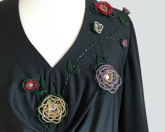 Vintage 70s Floral Beaded Black Jersey Polyester … - image 4