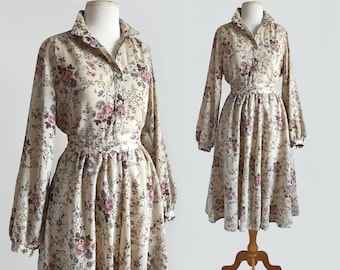 Vintage 70s Esprit Floral Print Billow Blouse & High-Waist Skirt Two Piece Set / Small