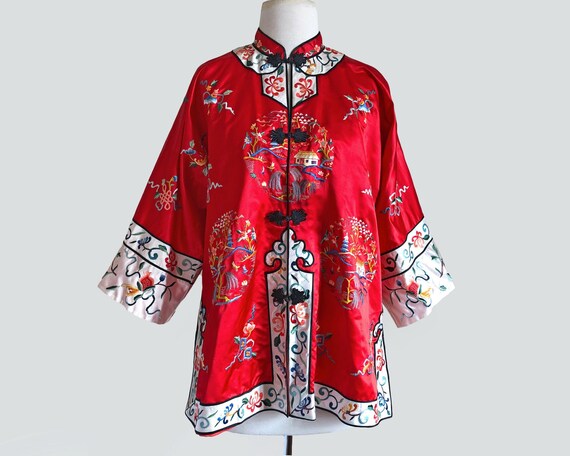 Vintage Red Silk & Rayon Floral Hand Embroidered C