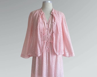 Vintage 70s HANRO of Switzerland Pink Sheer Lace Nightgown & Bed Jacket Set / Small