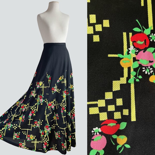 Vintage 70s Black Floral Deco Print High-Waisted Ultra Maxi Flared Skirt / Small and Tall