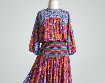 Vintage 80s Diane Freis Colorful Floral Print Midi Georgette Dress / Small-Medium