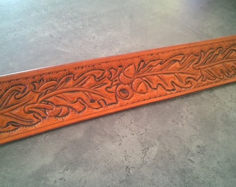 Hand Made Carved Leather Guitar Strap, Hand Tooled, Can be Personalized with Your Initials, Oak Leaf Design, For Acoustic or Electric